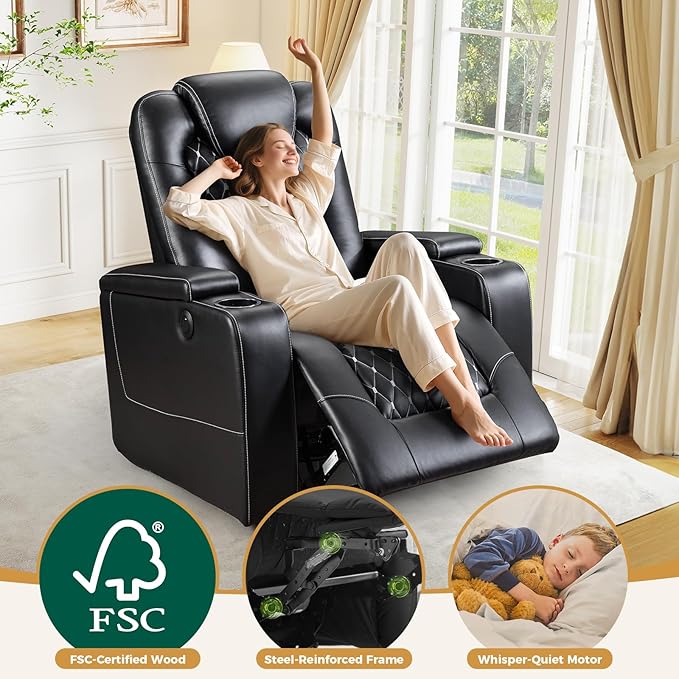 ANJ Power Recliner Chair Set of 3 Electric Soft Faux Leather Reclining Home Faux Theater Seating - USB Ports Cup Holders Hidden Arm Storage Movie &amp Media Room Chairs (Black)