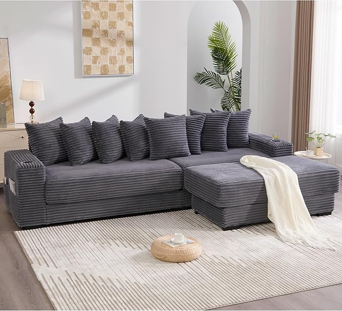 Oversized L-Shaped Modular Sectional Sofa Couch with 8 Pillows Convertible Corduroy Sleeper Sofa Bed with Cupholders &amp Storage Pockets Cloud Couch with Movable Ottoman for Living Room Dark Grey