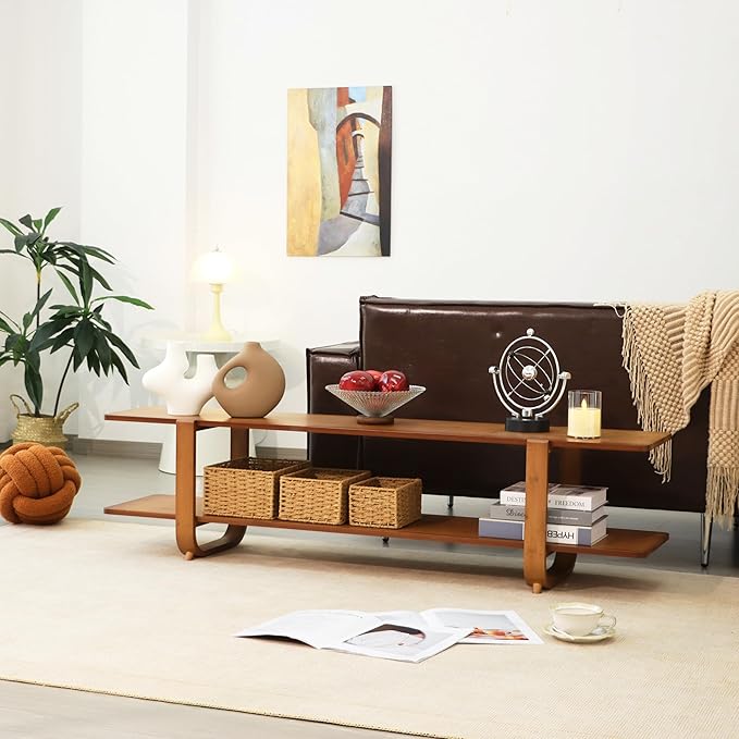 Bamboo TV Stand for TVs up to 65 Media TV Console Table with Storage Accent Entertainment Center with Shelf Modern TV Stand for Living Room Bedroom 55(L) Walnut