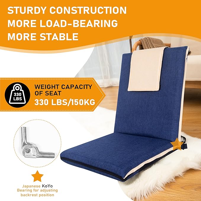 14-Position Adjustable Floor Chair with Back Support - Portable Gound Seating for Adults &amp Kids Foldable Meditation Chair with Japanese KOYO Bearings &amp Washable Linen Cover (Blue)