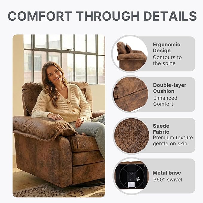 360° Swivel Accent Chair Oversized Plush Modern Suede Armchair with Padded Seat &amp Back Comfy Spinning Chair for Living Room Bedroom Office (Brown)