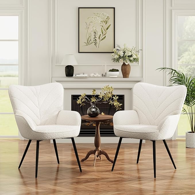 Mid-Century Sherpa Upholstered Accent Chair Cozy Armchair with Curved Backrest Sturdy Metal Legs Soft Fabric Chair for Living Room Bedroom &amp Reading AreaBeige