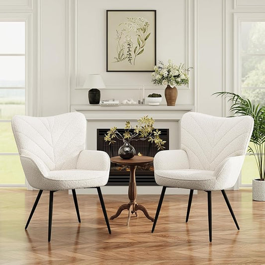 Mid-Century Sherpa Upholstered Accent Chair Cozy Armchair with Curved Backrest Sturdy Metal Legs Soft Fabric Chair for Living Room Bedroom &amp Reading AreaBeige