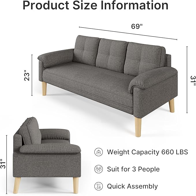 Ahomly 3-Seater Sofa Couch with Padded Armrests Deep Seat Comfortable Backrest and Solid Wood Legs – Easy to Assemble (Gray)