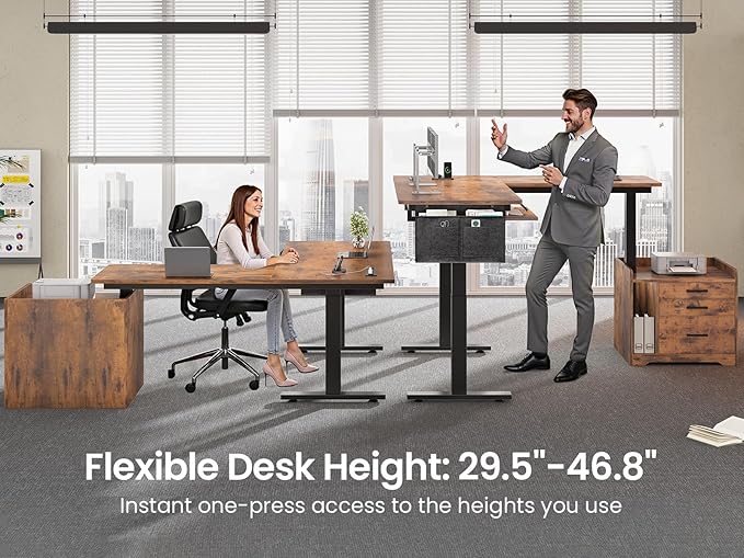 SEDETA L Shaped Electric Standing Desk with File Cabinet 63 x 53'' Height Adjustable Home Office Computer Desk with 3 Drawers Power Outlet Stand up Gaming Table with Led Lights Rustic Brown