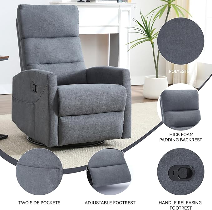 Swivel Rocking Recliner Chair Upholstered Glider Rocker with Adjustable Backrest and Footrest Modern Rocking Chair for Adults with 2 Pockets for Nursery Lounge Bedroom Living Room (Grey)