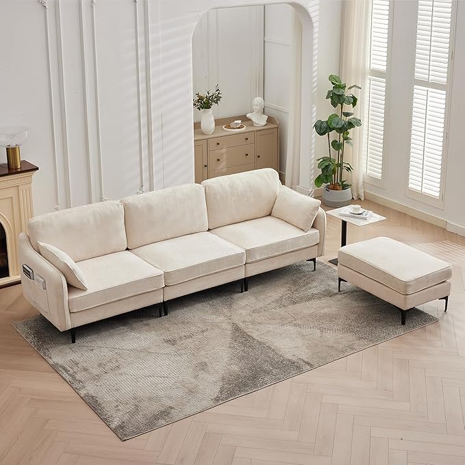 LSSBOUGHT 110 Sectional SofaL Shaped Sofa with Movable Ottoman Chenille Fabric 3 Seat Modern Couches for Living Room Apartment and Small Space (Beige)