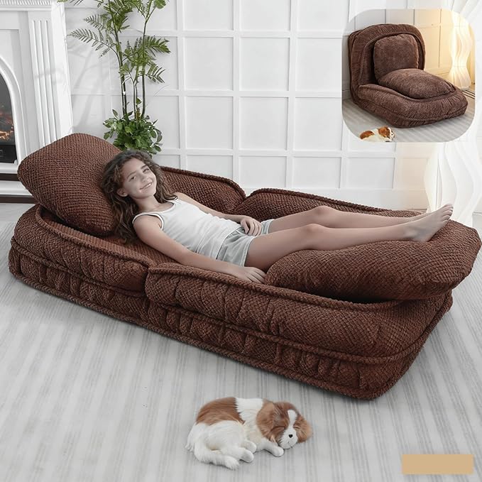 Foldable Lazy Sofa Bed Polyester Upholstered Human Dog Bed for Adults and Pets with 5 Adjustable Backrest Positions and 2 Soft Cushions for Living Room Bedroom Brown