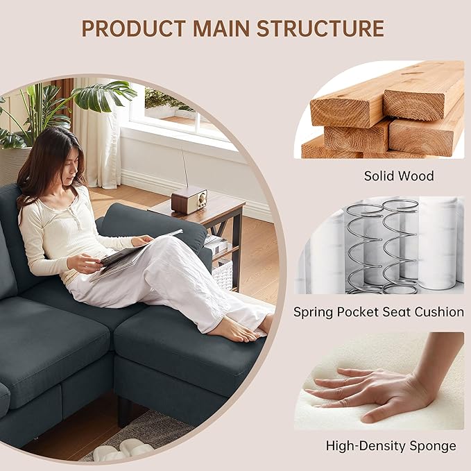 Sectional Sofa82 L Shaped 3 Seater Couch with Movable Ottoman Armrest Pillow Polyster Fabre for Small Spaces Dark Grey