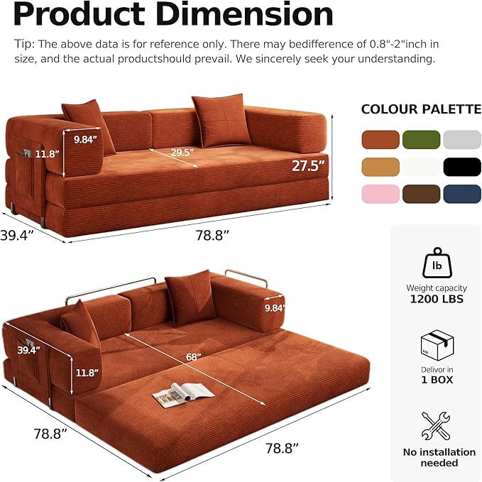 78.8'' Boneless Sleeper Sofa BedConvertible Futon Couch with Storage Pocket and 2 PillowsModular Corduroy Sofa for livingroomSmall speaceOrange