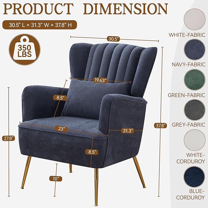 Chenille Accent Chair Set of 2 with Lumbar Pillow Modern Wingback Chair for living room with Metal Legs Upholstered Arm Chair with Thick Cushion Reading Chairs for bedroom Comfy Sofa Chair Blue