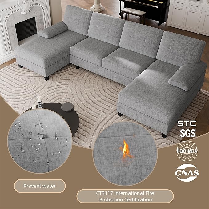 Nuturelly Nutually Sectional Couches for Living Room Convertible U-Shaped Sofa Couch with Double Chaise 4 Seat Sofa Set Modular Sofa Couch with Linen Fabric for ApartmentGray