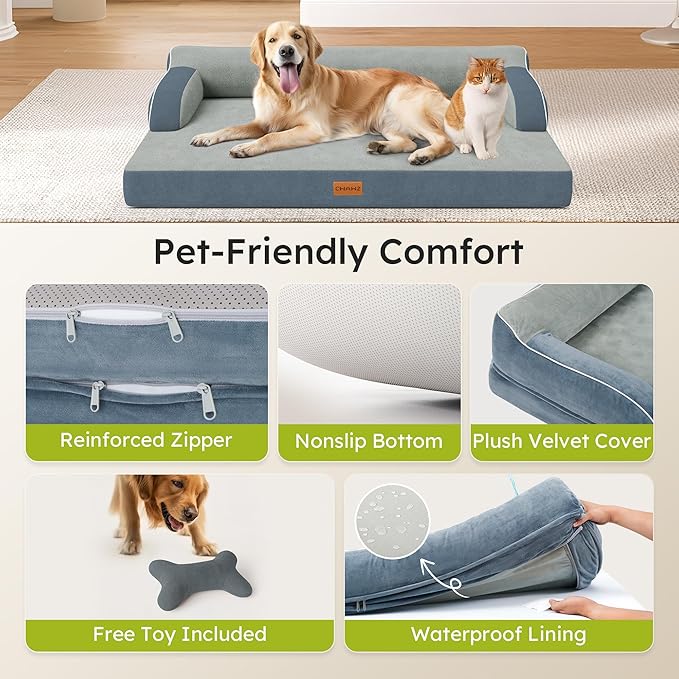XXL Orthopedic Dog Bed Big Dog Bed for Large Dogs Dual-Sided Pet Cooling Beds with Memory Foam Washable Cover Nonslip Bottom Waterproof Pet Couch with Bolsters Dark Grey