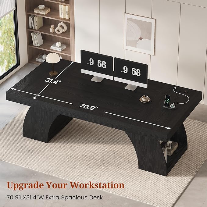 70.9 Inch Executive Desk Large Office Desk with Power Outlet &amp Storage Shelves Modern Aesthetic Computer Desks Wood Writing Table Workstation Business Furniture for Home Office (Black)