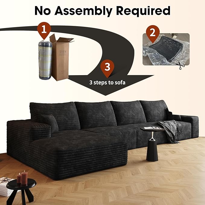 135 Oversized Compressed Sectional Sofa - 33D High-Density Foam Cloud Couch with Deep Seat - Minimalist 3-Piece Corduroy Upholstered Boneless Modular Lounge Couch | Breathable material Full Foam An
