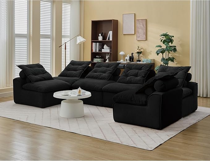 JUSTONE Modular Sectional Sofa CouchNo Armrests Floor SofaNeck Pillow-Back Lounge Sofa ChairSoft Corduroy FabricDurable SupportSmall Sofa for Living RoomApartment Guest Room6 SeatsBlack