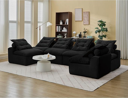 JUSTONE Modular Sectional Sofa CouchNo Armrests Floor SofaNeck Pillow-Back Lounge Sofa ChairSoft Corduroy FabricDurable SupportSmall Sofa for Living RoomApartment Guest Room6 SeatsBlack