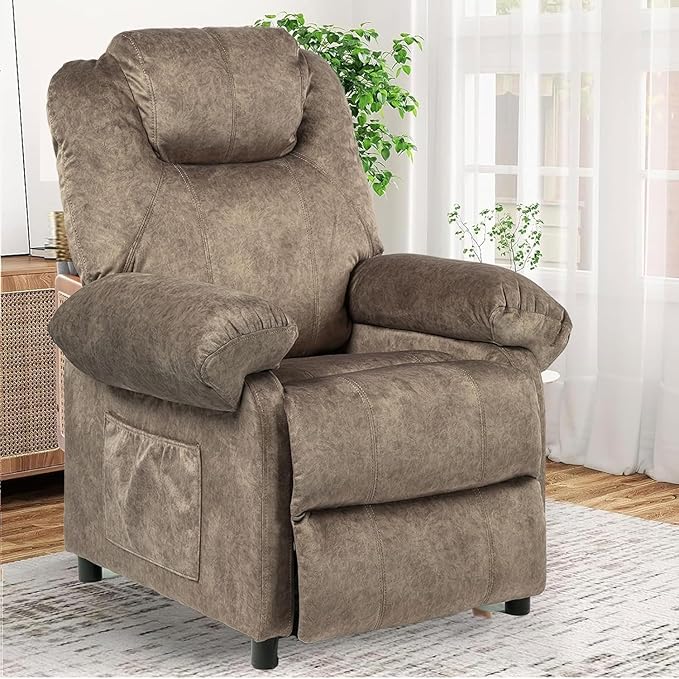 Pushback Massage Recliner Chair with Heat Fabric Heated Small Massaging Reclining Chair Single Sofa for Adults Overstuffed Push Back Manual Recliner for Living RoomBrown