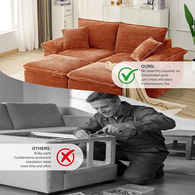Convertible Sofa BedSleeper Sofa with Deep SeatComfy Corduroy Fluffy Boneless Couch with Movable OttomanCloud Couch for Small PlaceNo Assembly Required.（LoveseatOrange）