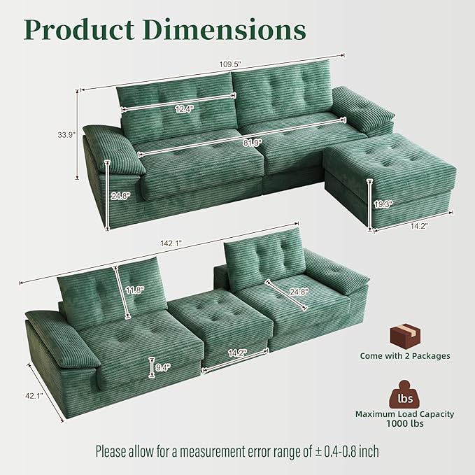 109.5 Loveseat Sofa with Ottoman Corduroy L Shape 3 Seater Couch Modular Sectional Couch for Living Room Small Spaces Apartment No Assembly Required Green