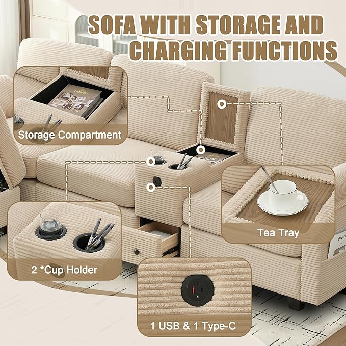 KEIKI 105 L-Shaped Oversized Corduroy Modular Sectional Sofa with 1 Ottoman and Multi Functional Console 4-Seater Upholstered Couch with USB and 2 Cup Holder Easy Assembly for Living Room Khaki