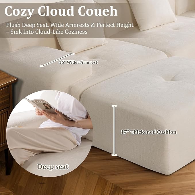 108 Cloud Sectional Couch Comfort U Shaped Boneless Couch for Living Room Extra Deep Seats No Assembly Minimalist Modular Sofa Corduroy (Off-White U-Shaped:3+2)