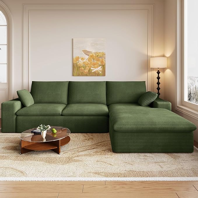 107 Cloud Couch Modular Sectional Sofa for Living Room L-Shape Boneless Couch with Deep Seat Modern Corduroy 3-Seater No Assembly Required (GreenRight-Facing Chaise)