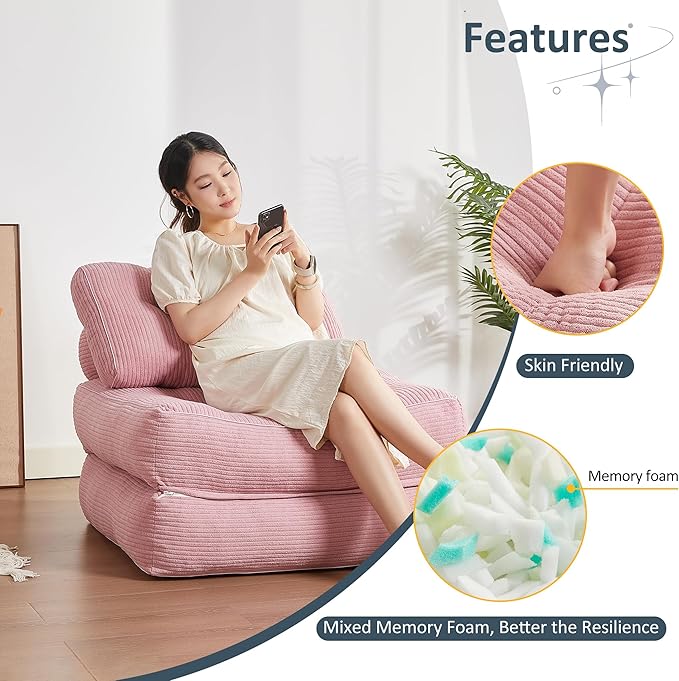 Folding Chair Bed Futon Sofa Bed Floor Couch for Adults Chair for Living Room Lounge Sofa Convertible Sofa Bed Small Couches for Small Spaces Pink