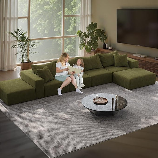 197” Modular L-Shaped Sectional Sofa Cloud Chenille Couch with 6 Pillows No-Assembly Customizable Sofa for Living Room &amp Bedroom Green