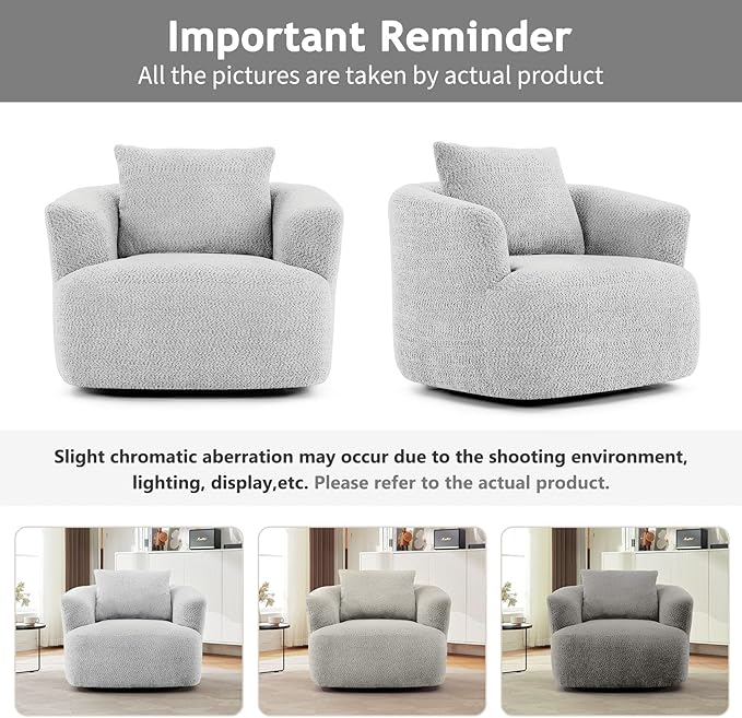38.2 Swivel Accent Chair Boucle Green Upholstered Armchair Comfy Single Cloud Sofa Chair with Ergonomic Armrests &amp Throw Pillow for Nursery Living Room &amp Offices (Light Grey)
