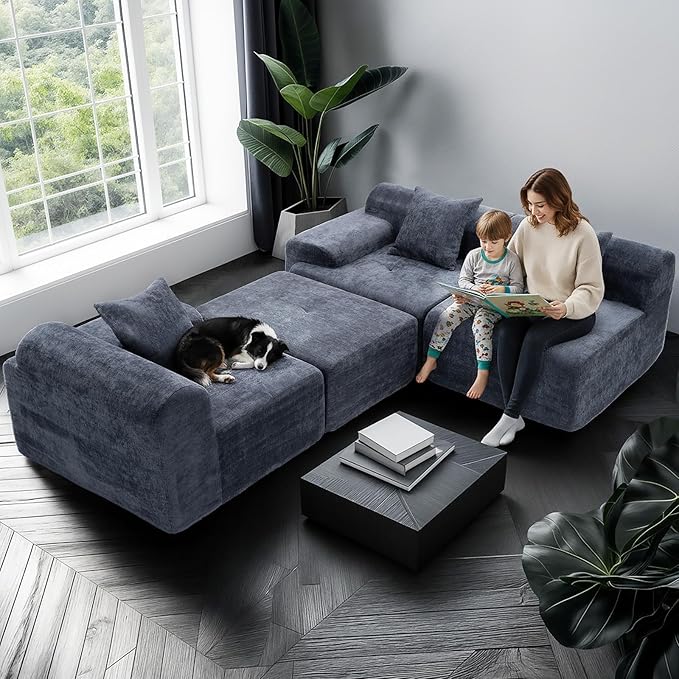 119’’ Modular Sectional Sofa Cloud Sectional Couch with Deep Seat Modern Modular Compression Sofa Couch with Chaise Upholstered Couches Throw Pillows for Living Room Bedroom Blue