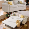 2 in 1 Sofa Bed Queen Size Linen Fabric Pull Out Couch with Folding Foam Mattress Convertible Loveseat Sleeper Sofa with Nailhead Trim for Living Room Bedroom Apartment-Beige