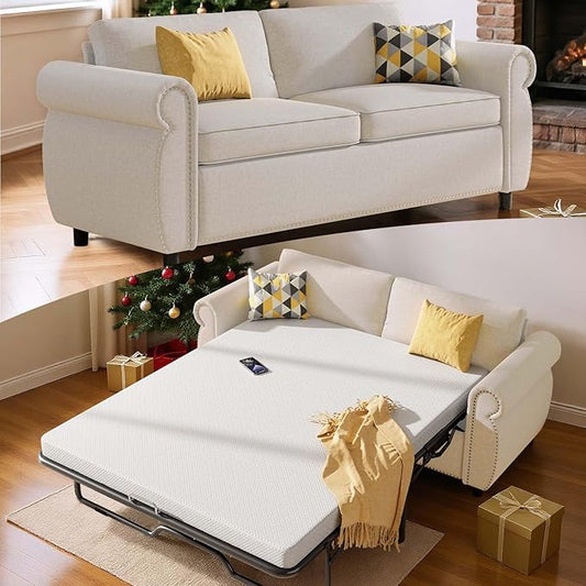 2 in 1 Sofa Bed Queen Size Linen Fabric Pull Out Couch with Folding Foam Mattress Convertible Loveseat Sleeper Sofa with Nailhead Trim for Living Room Bedroom Apartment-Beige