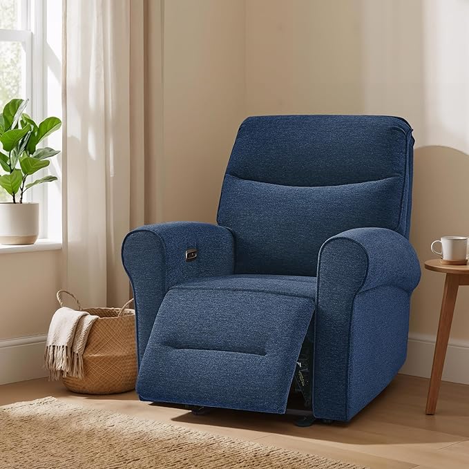 MCombo Compact Wall Hugger Power Recliner Chair for Small Spaces Dual USB-A/C Ports Rolled Arm Recliner for Living Room &amp RV Fabric PR520 (Fabric Navy Blue Small)