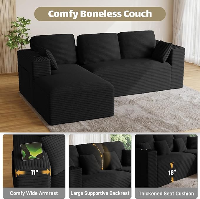 110 Modular Sectional Sofa Cloud Couch Modern Deep Seat Fluffy Corduroy Boneless Couch with Cup Holder Comfy L Shaped Sectional Couches for Living Room Bedroom. (Left Facing Black)