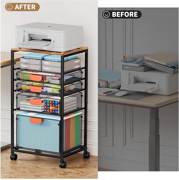 Marbrasse Rolling File Cart with 4 Storage Drawers Mobile File Cabinet on Lockable Wheels Hanging Filing Cabinet Organize Under Desk Utility Cart for Home Office - Dark Brown