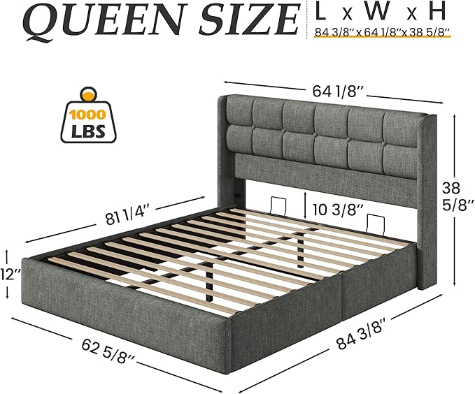 Lifezone Queen Size Lift Up Storage Bed Frame Linen Upholstered Queen Platform with Button Tufted Wingback Headboard and Under-Bed Storage Hydraulic Support No Box Spring Needed Noise Free Grey