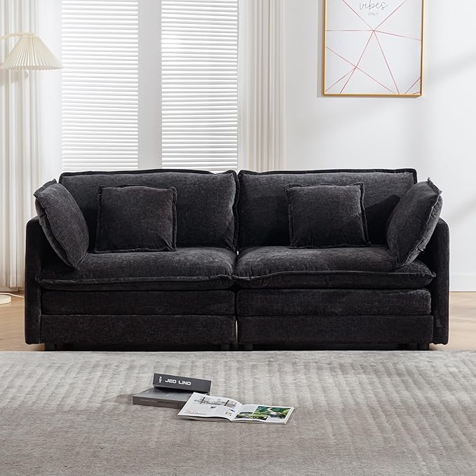 76.7 Black Chenille Loveseat Sofa Oversized 2 Seater Cloud Sectional Couch Modern Large Luxury Love Seat for Living Room Bedroom Apartment Office