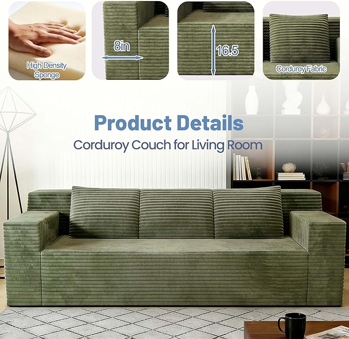 Boneless Couches for Living Room 71 Modern 3 Seater Sofa with Deep Seat Comfy Cloud Couch Sofa with Corduroy Fabric Memory Foam Floor Sofa with ArmrestsNo Assembly Required (Green) | Deep Seat C