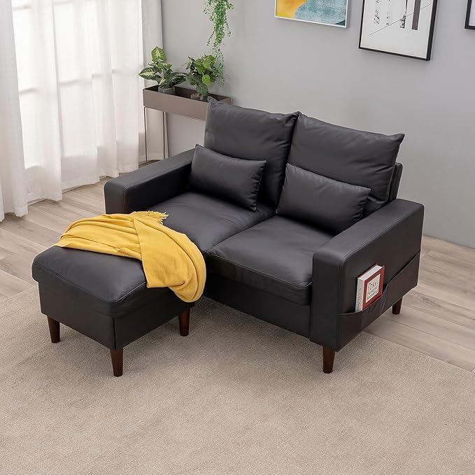Panana Convertible Sectional Sofa CouchL-Shaped 2 or 3-Seat Sofa Sectional with Reversible Ottoman for Small Living Room Apartment (Black Leather Look Fabric 2 Seater with Ottoman - Track arms)