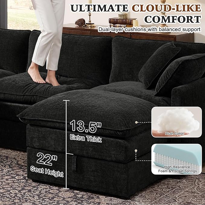 Ihanherry 103 Modular Sectional Sofa with Storage L Shaped Cloud Couch with Movable Ottomans &amp 4 Pillows Chenille Deep Seat Sectional Couches for Living Room Apartment (Black)