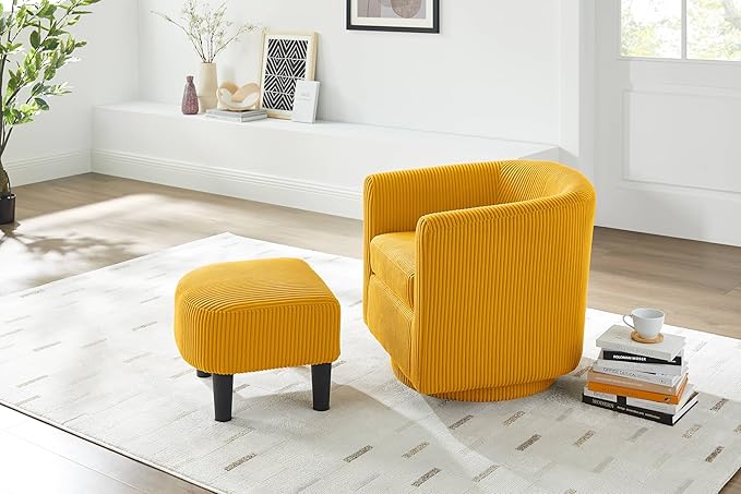 360° Swivel Accent Chair with Ottoman - Comfy Corduroy Recliner Armchair Single Sofa for Living Room &amp Bedroom (Yellow)