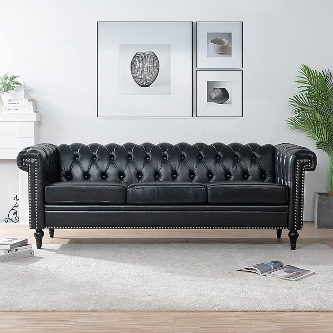 PU Leather Chesterfield Sofa 84'' Modern 3 Seater Couch Furniture with Square Arms and Wood Legs for Living Room Bedroom Apartment(Black)