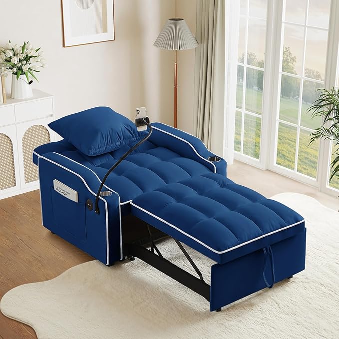 Convertible Sleeper Chair Sofa Bed3 in 1 Velvet Tufted Pull Out Couch with Phone Holder &amp USB PortsFuton Small Couch Bed with Cup Holders &amp Adjustable Backrest for Living RoomSmall Place(Bl