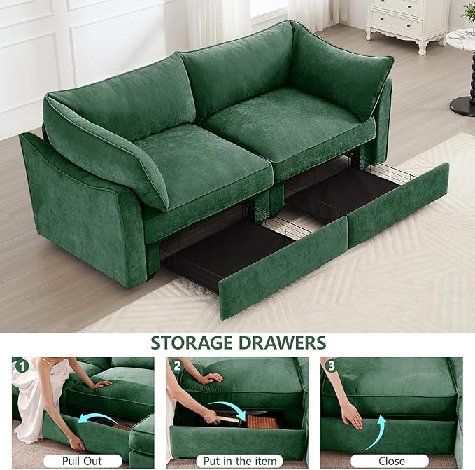 Modern Style Loveseat Sofa with Pull Out Storage Drawers Under Each Seat 2-Seat Couch with Excellent Storage Space Suitable for Small Living Rooms