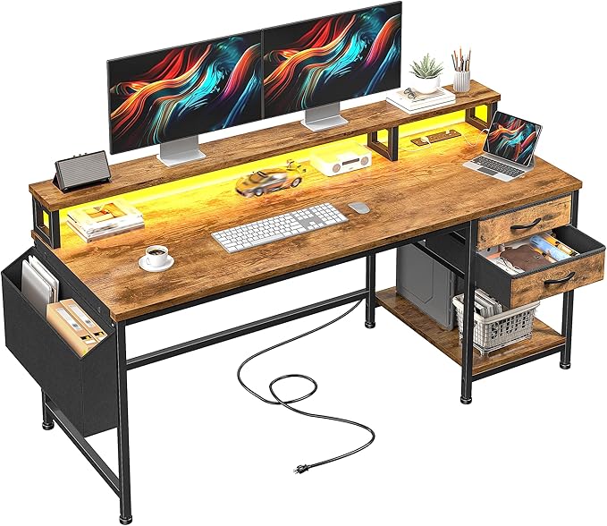 55 Gaming Desk with LED Strip Computer Desk with Drawers &amp Storage Bag Office Desk with Power Outlets &amp Monitor Stand Home Office Desks for Bedroom Gaming Room Rustic Brown