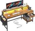55 Gaming Desk with LED Strip Computer Desk with Drawers &amp Storage Bag Office Desk with Power Outlets &amp Monitor Stand Home Office Desks for Bedroom Gaming Room Rustic Brown