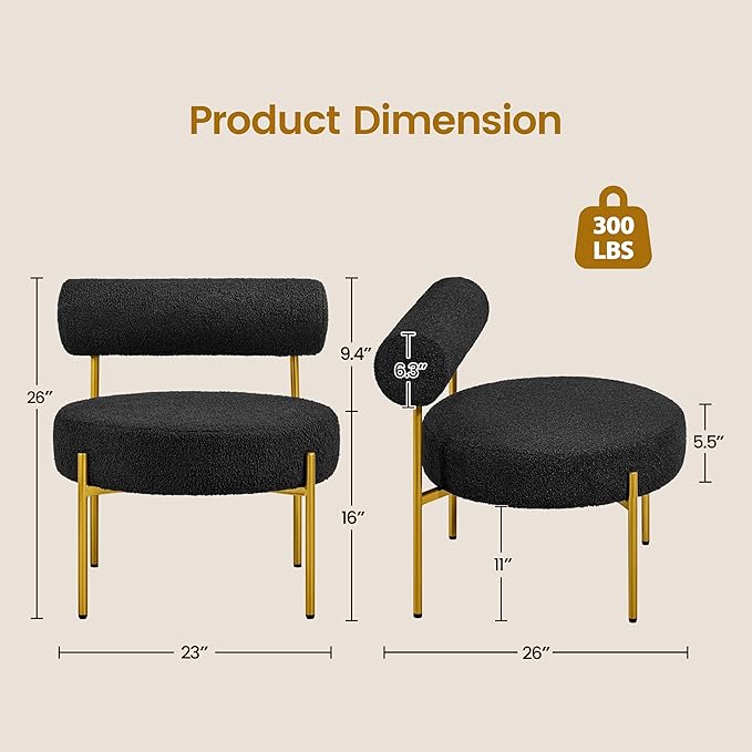 Yaheetech Boucle Vanity Chair Modern Tufted Accent Chair Cozy Sherpa Barrel Chair with Gold Legs Club Chair for Living Room Bedroom Makeup Room Home Office Black 2pcs