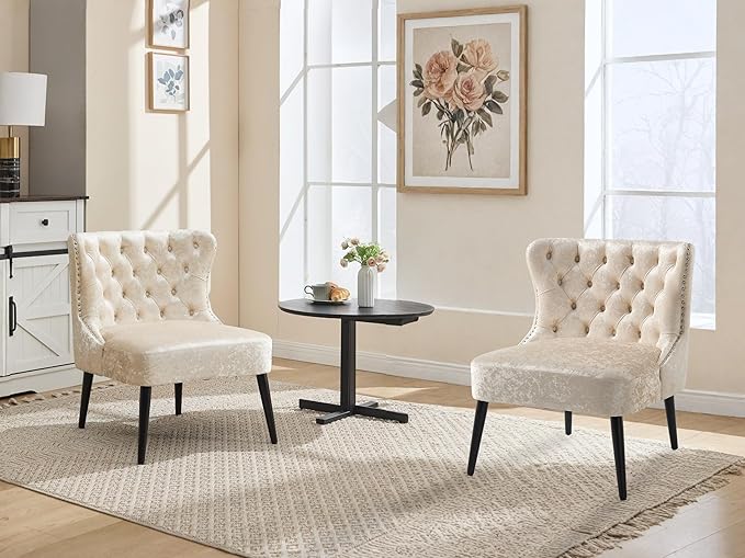 Mid Century Accent Chairs Set of 2 Upholstered Wingback Tufted Velvet Living Room Chair with Black Wood Legs Comfy Side Corner Chair for Small Spaces Bedroom Waiting Room Cafe Beige