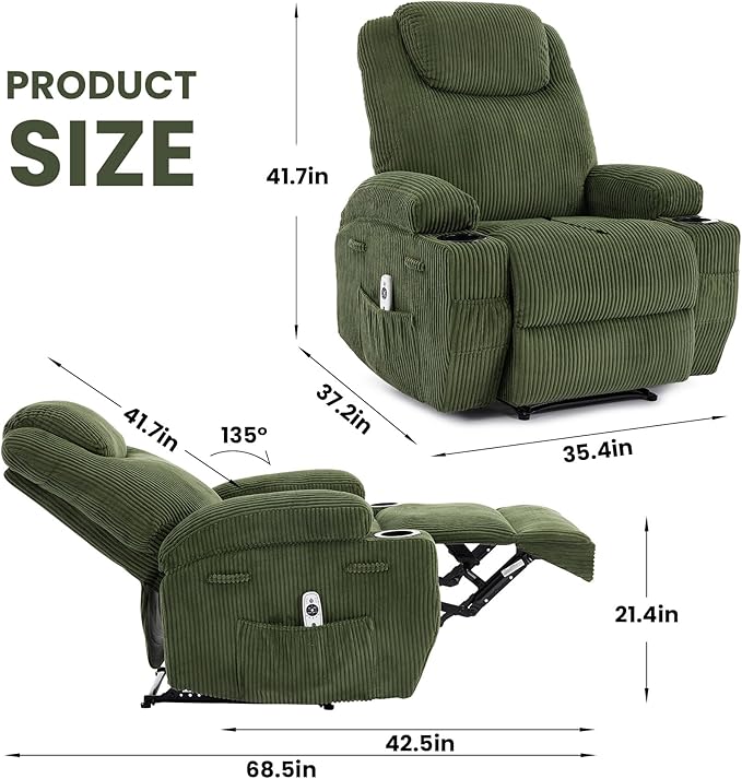 Massage Recliner Chair with Heat for Adults Extra Wide Manual Reclining Chair with 1.5X Thick Sponge Armrests &amp Backrest Lazy Boy Recliner Sofa for Living Room &amp Bedroom Comfort Green